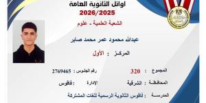 عبد الله محمود ابن الشرقية بالصدارة، قائمة أوائل الثانوية العامة 2026 علمي علوم (صور) - المدينة برس