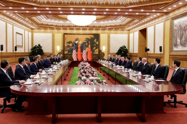 BEIJING, CHINA - MAY 14: U.S. President Donald Trump and Chinese President Xi Jinping attend a bilateral meeting at the Great Hall of the People on May 14, 2026 in Beijing, China. President Trump is meeting with President Xi Jinping in Beijing to address the Iran conflict, trade imbalances, and the Taiwan situation while establishing new bilateral boards for economic and AI oversight. (Photo by Alex Wong/Getty Images)