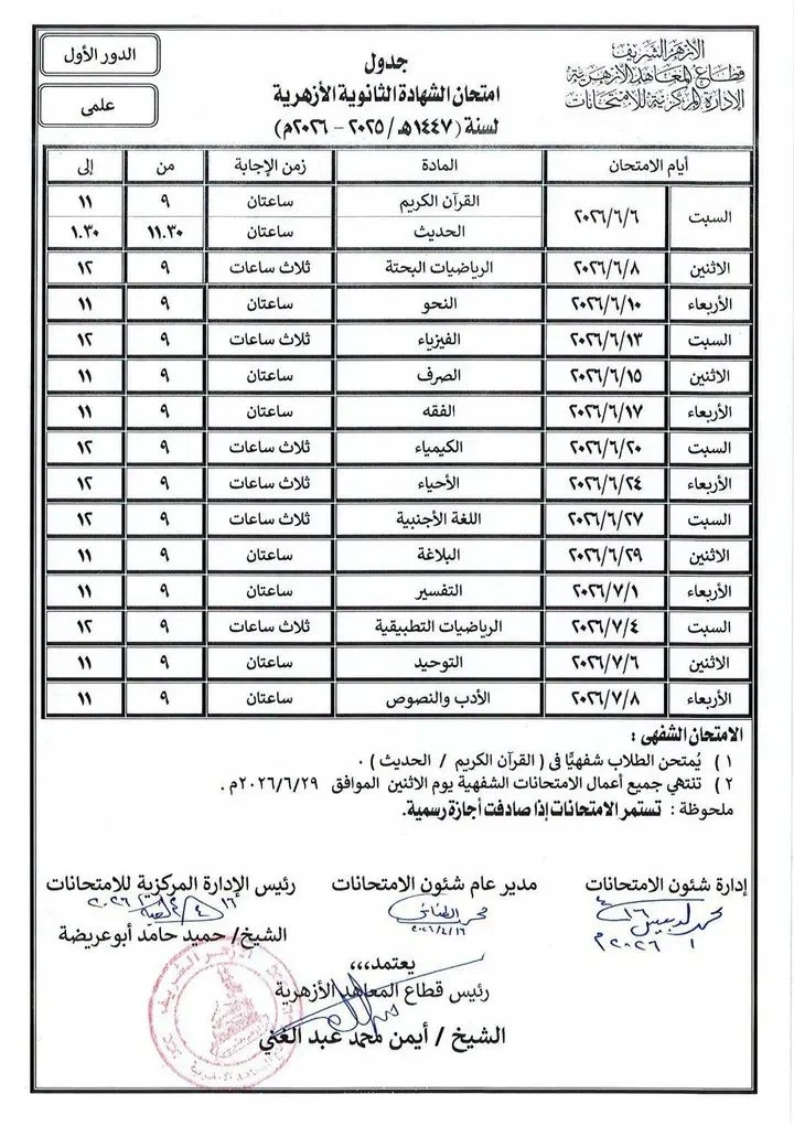 جدول امتحانات الشهادة الثانوية الأزهرية