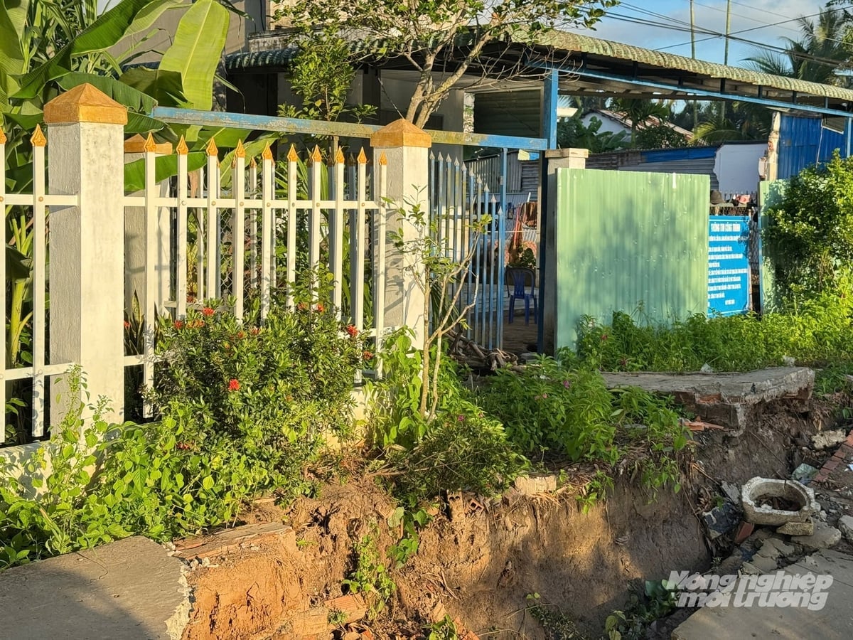 Sạt lở ăn sâu vào khu vực tường rào, nhà của người dân ấp Thạnh Lợi. Ảnh: Kim Anh.