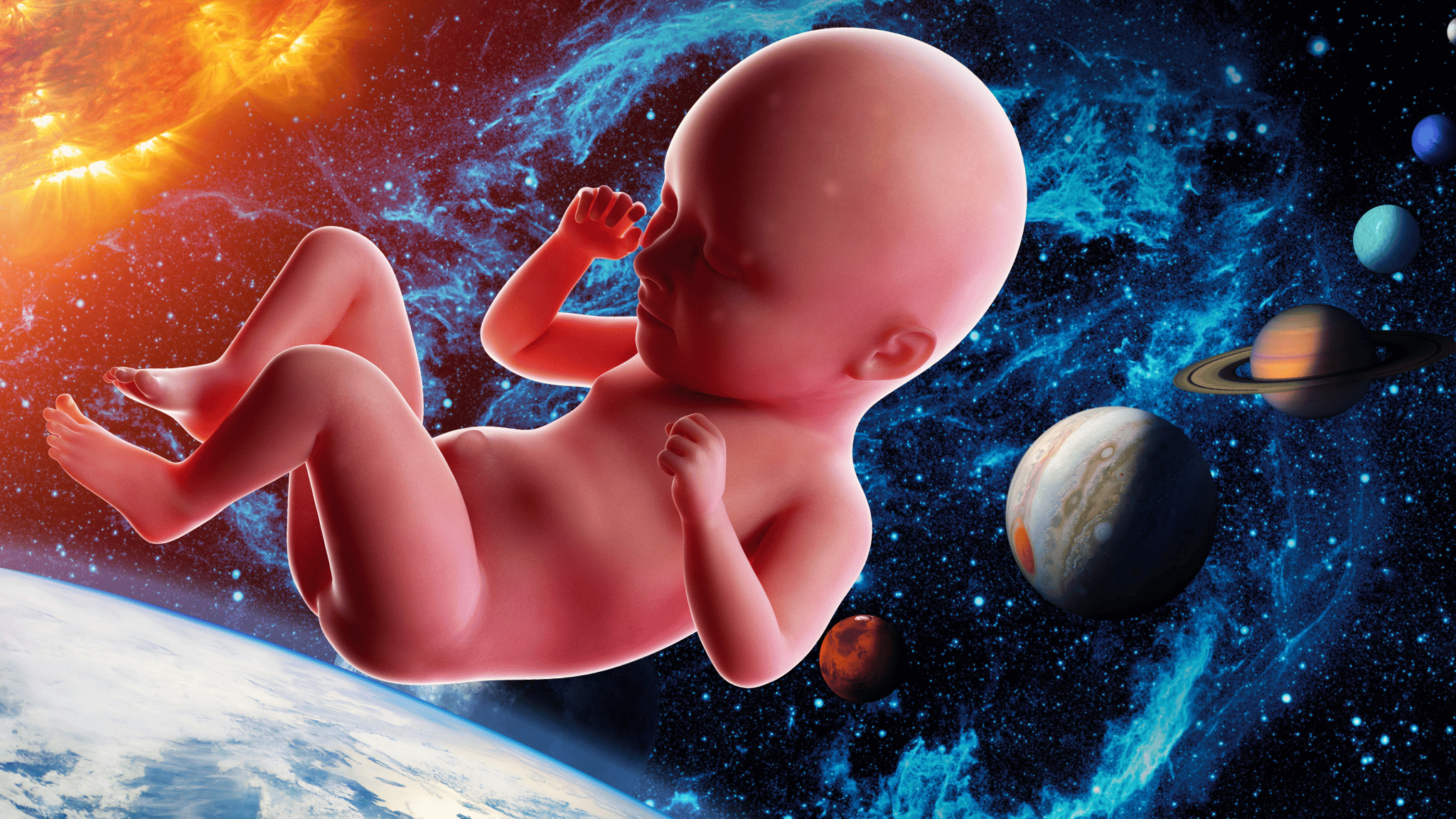 جنين مكتمل النمو على خلفية فضائية، تظهر الأرض في الزاوية السفلية اليسرى، والشمس في الزاوية العلوية اليسرى، فيما تصطف كواكب المجموعة الشمسية الأخرى إلى اليمين.
