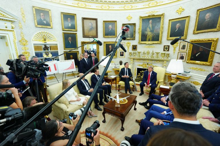 US President Donald Trump meets with NATO Secretary General Mark Rutte in the Oval Office of the White House in Washington, DC, on June 24, 2026. (Photo by Aaron Schwartz / AFP)