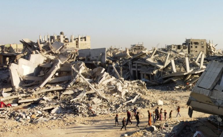 A drone view shows the destruction in a residential neighborhood, after the withdrawal of the Israeli forces from the area, amid a ceasefire between Israel and Hamas in Gaza, in Gaza City, October 25, 2025. REUTERS/Dawoud Abu Alkas